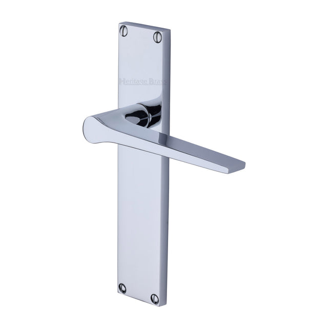 This is an image of a Heritage Brass - Gio Lever Latch Door Handle on 200mm Plate Polished Chrome finish, vt8110-pc that is available to order from Trade Door Handles in Kendal.