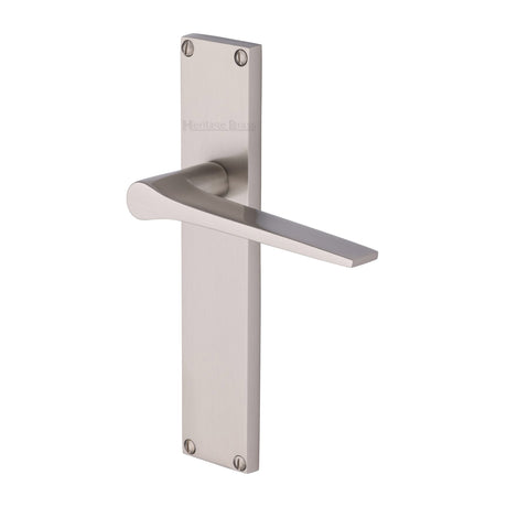 This is an image of a Heritage Brass - Gio Lever Latch Door Handle on 200mm Plate Satin Nickel finish, vt8110-sn that is available to order from Trade Door Handles in Kendal.