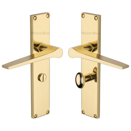 This is an image of a Heritage Brass - Gio Bathroom Set Door Handle on 200mm Plate Polished Brass finish, vt8130-pb that is available to order from Trade Door Handles in Kendal.