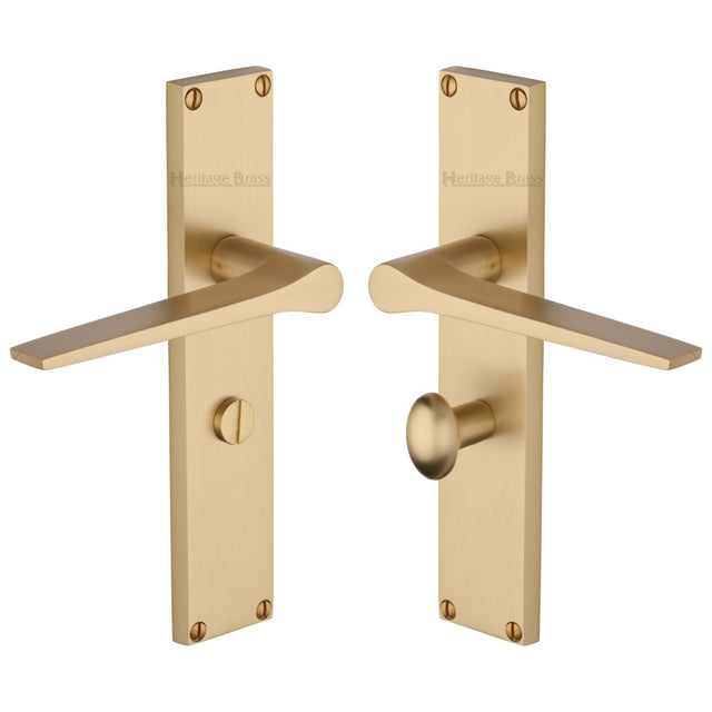 This is an image of a Heritage Brass - Gio Bathroom Set Door Handle on 200mm Plate Satin Brass finish, vt8130-sb that is available to order from Trade Door Handles in Kendal.