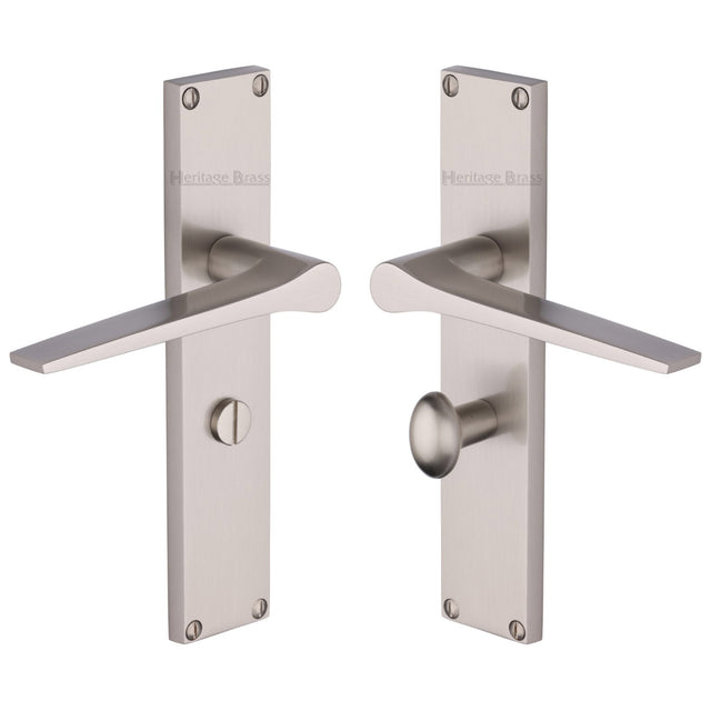 This is an image of a Heritage Brass - Gio Bathroom Set Door Handle on 200mm Plate Satin Nickel finish, vt8130-sn that is available to order from Trade Door Handles in Kendal.