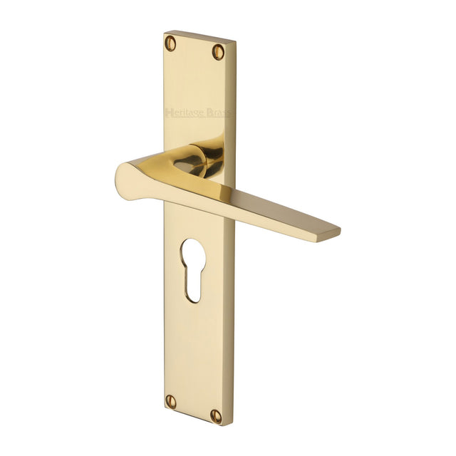 This is an image of a Heritage Brass - Gio Euro Profile Door Handle on 200mm Plate Polished Brass finish, vt8148-pb that is available to order from Trade Door Handles in Kendal.