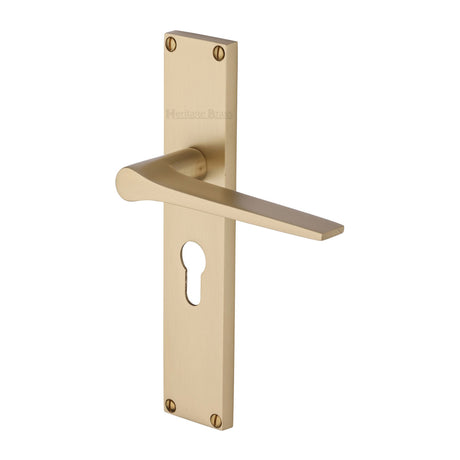 This is an image of a Heritage Brass - Gio Euro Profile Door Handle on 200mm Plate Satin Brass finish, vt8148-sb that is available to order from Trade Door Handles in Kendal.