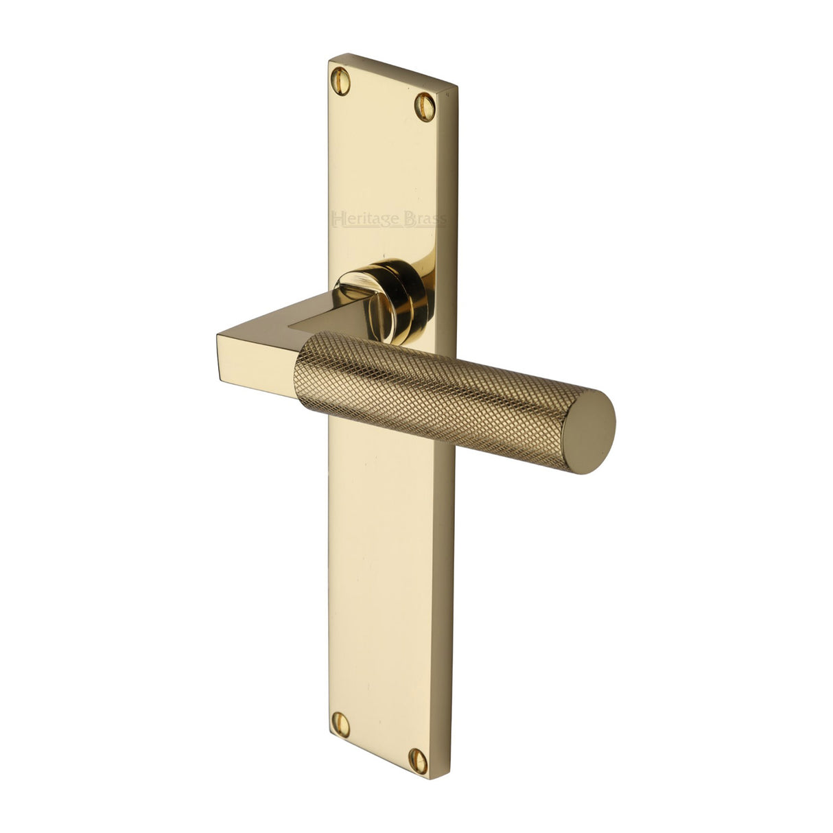 This is an image of a Heritage Brass - Bauhaus Knurled Lever Latch Door Handle on 200mm Plate Polished Brass finish, vt9310-pb that is available to order from Trade Door Handles in Kendal.