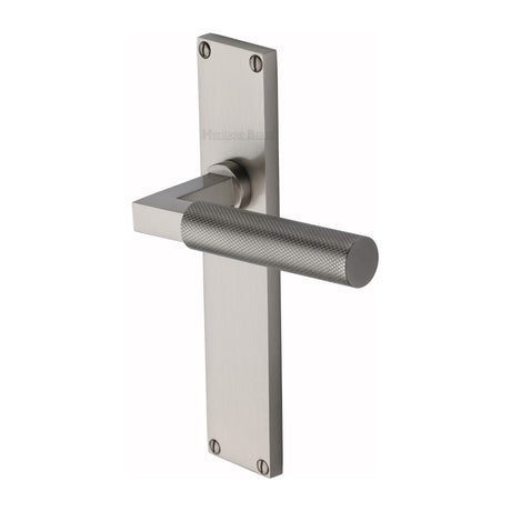 This is an image of a Heritage Brass - Bauhaus Knurled Lever Latch Door Handle on 200mm Plate Satin Nickel finish, vt9310-sn that is available to order from Trade Door Handles in Kendal.