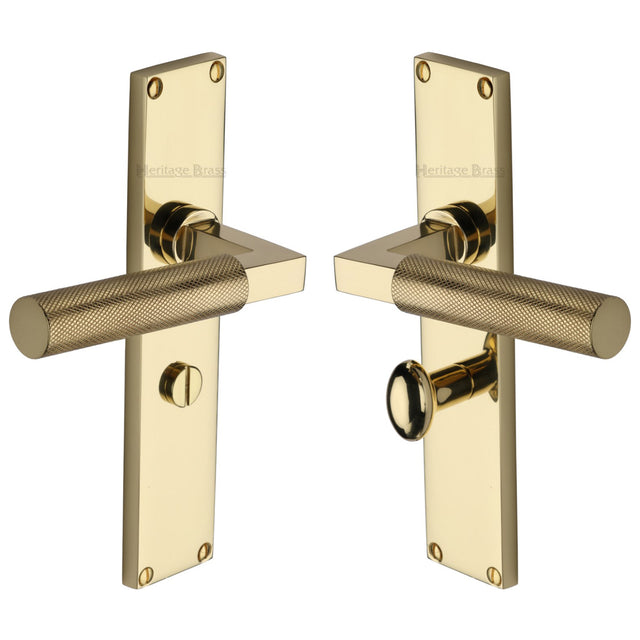 This is an image of a Heritage Brass - Bauhaus Knurled Bathroom Set Door Handle on 200mm Plate Polished Brass finish, vt9330-pb that is available to order from Trade Door Handles in Kendal.