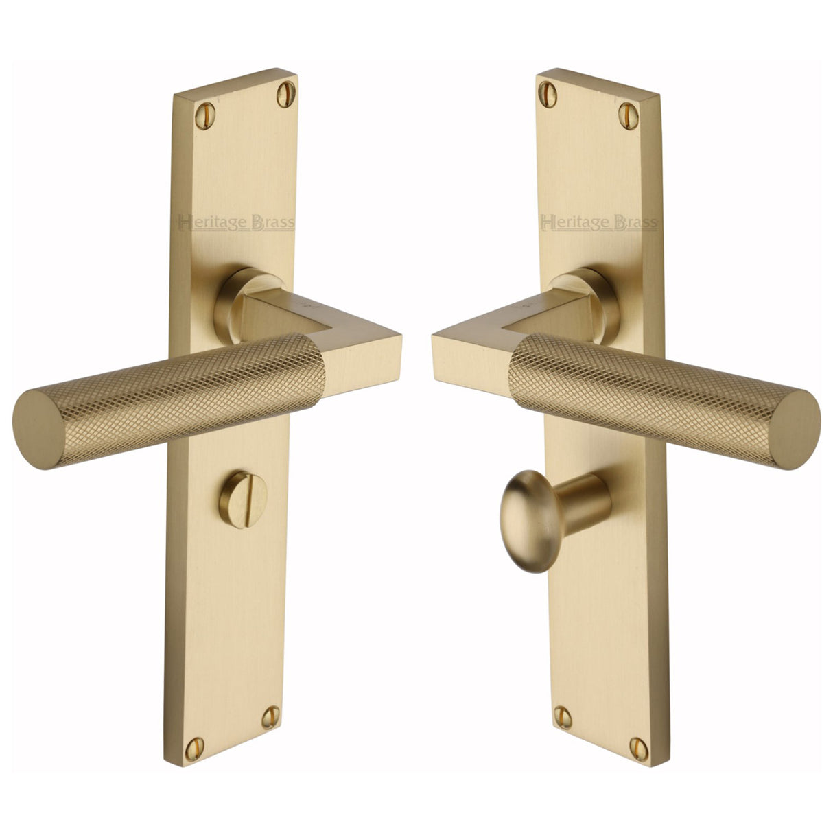 This is an image of a Heritage Brass - Bauhaus Knurled Bathroom Set Door Handle on 200mm Plate Satin Brass finish, vt9330-sb that is available to order from Trade Door Handles in Kendal.