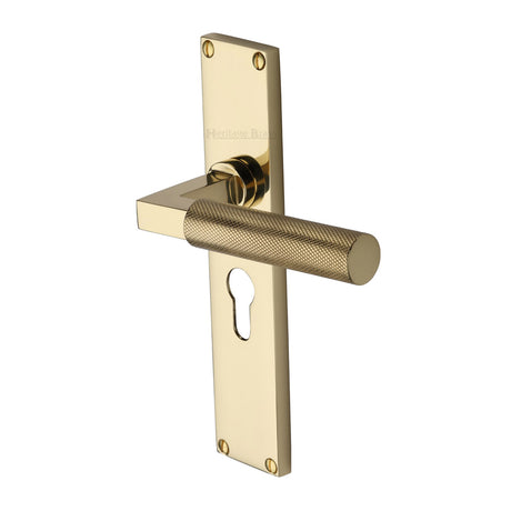 This is an image of a Heritage Brass - Bauhaus Knurled Euro Profile Door Handle on 200mm Plate Polished Brass finish, vt9348-pb that is available to order from Trade Door Handles in Kendal.