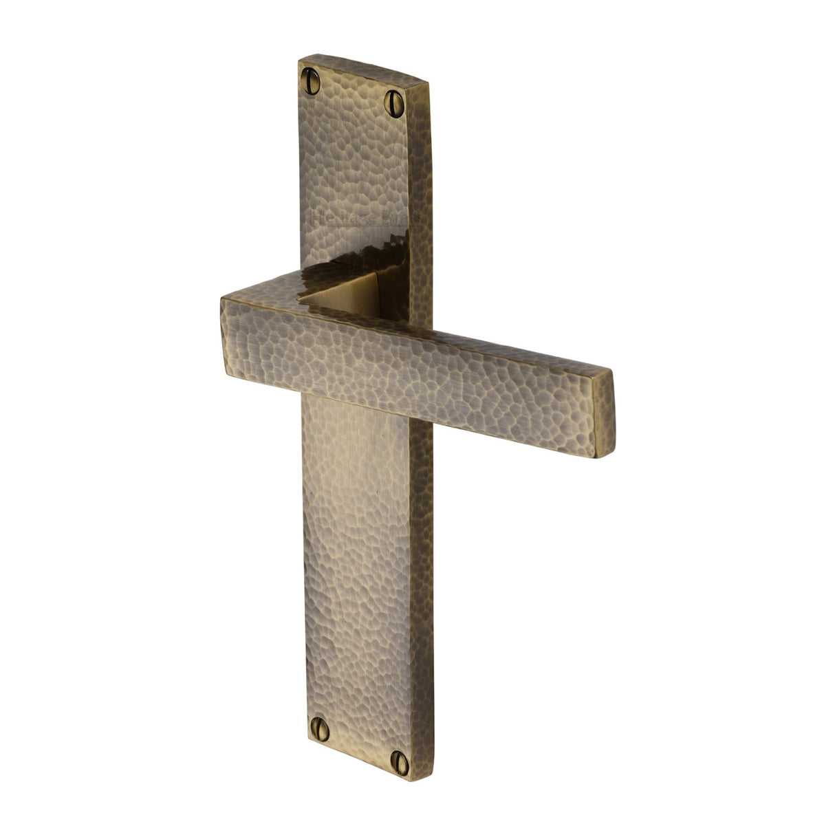 This is an image of a Heritage Brass - Delta Hammered Lever Latch Door Handle on 200mm Plate Antique Brass finish, vth3310-at that is available to order from Trade Door Handles in Kendal.