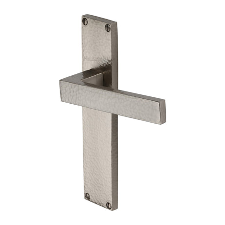 This is an image of a Heritage Brass - Delta Hammered Lever Latch Door Handle on 200mm Plate Satin Nickel finish, vth3310-sn that is available to order from Trade Door Handles in Kendal.