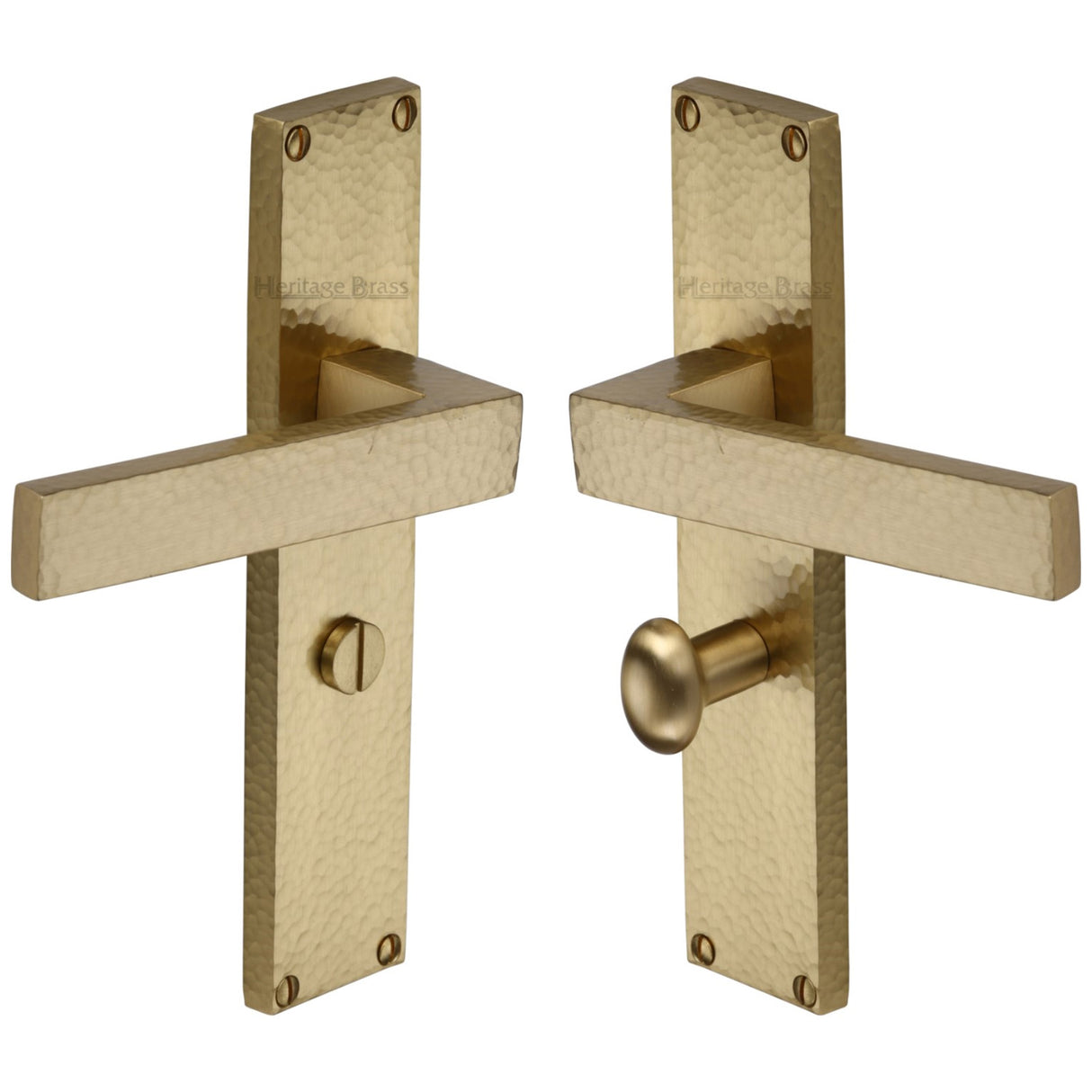 This is an image of a Heritage Brass - Delta Hammered Bathroom Set Door Handle on 200mm Plate Satin Brass finish, vth3330-sb that is available to order from Trade Door Handles in Kendal.