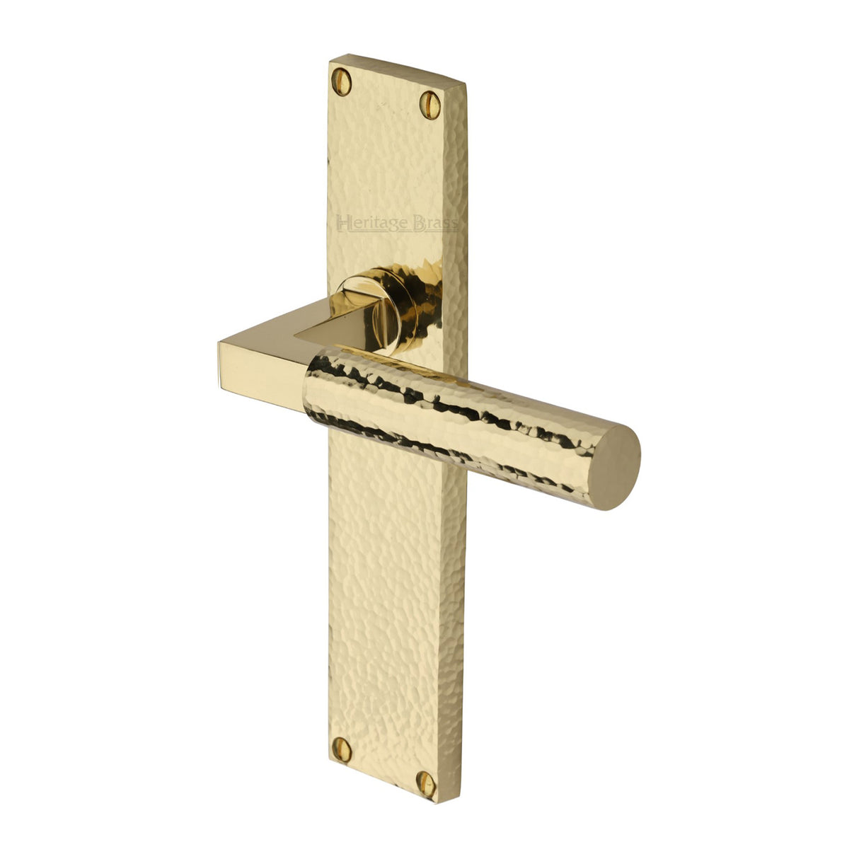 This is an image of a Heritage Brass - Bauhaus Hammered Lever Latch Door Handle on 200mm Plate Polished Brass finish, vth4310-pb that is available to order from Trade Door Handles in Kendal.