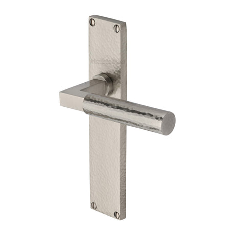 This is an image of a Heritage Brass - Bauhaus Hammered Lever Latch Door Handle on 200mm Plate Satin Nickel finish, vth4310-sn that is available to order from Trade Door Handles in Kendal.
