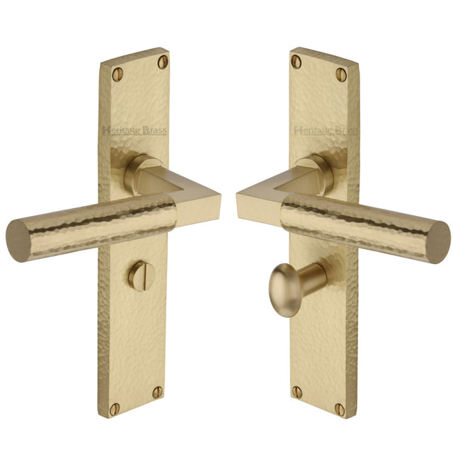 This is an image of a Heritage Brass - Bauhaus Hammered Bathroom Set Door Handle on 200mm Plate Satin Brass finish, vth4330-sb that is available to order from Trade Door Handles in Kendal.