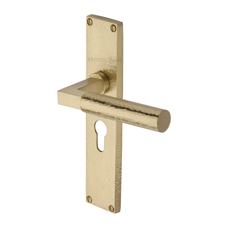 This is an image of a Heritage Brass - Bauhaus Hammered Euro Profile Door Handle on 200mm Plate Satin Brass finish, vth4348-sb that is available to order from Trade Door Handles in Kendal.