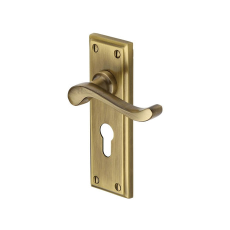 This is an image of a Heritage Brass - Door Handle for Euro Profile Plate Edwardian Design Antique Brass, w3227-48-at that is available to order from Trade Door Handles in Kendal.