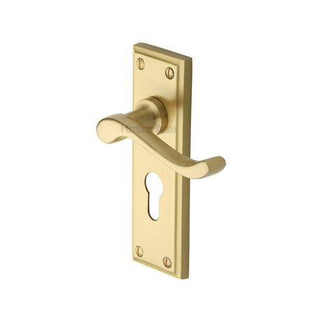 This is an image of a Heritage Brass - Door Handle for Euro Profile Plate Edwardian Design Satin Brass, w3227-48-sb that is available to order from Trade Door Handles in Kendal.