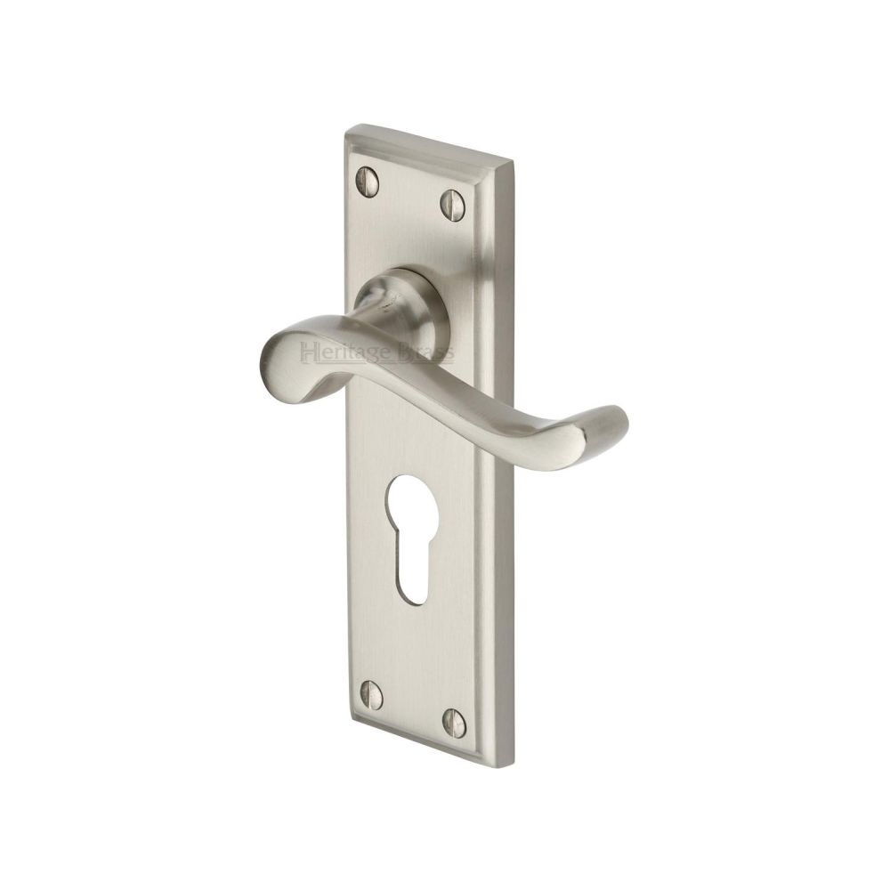 This is an image of a Heritage Brass - Door Handle for Euro Profile Plate Edwardian Design Satin Nickel, w3227-48-sn that is available to order from Trade Door Handles in Kendal.