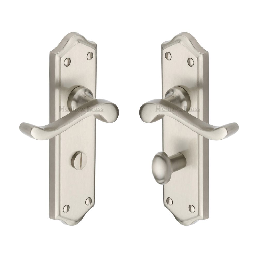 This is an image of a Heritage Brass - Door Handle for Bathroom Buckingham Design Satin Nickel Finish, w4220-sn that is available to order from Trade Door Handles in Kendal.