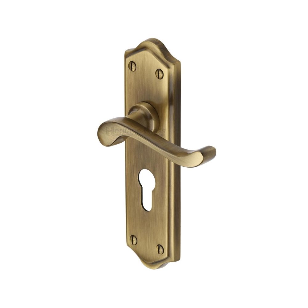 This is an image of a Heritage Brass - Door Handle for Euro Profile Plate Buckingham Design Antique Brass, w4248-at that is available to order from Trade Door Handles in Kendal.