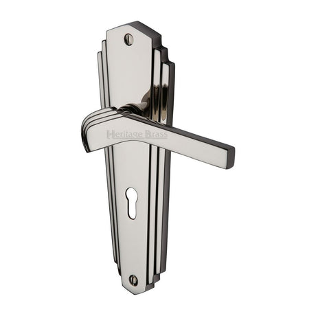 This is an image of a Heritage Brass - Door Handle Lever Lock Waldorf Design Polished Nickel Finish, wal6500-pnf that is available to order from Trade Door Handles in Kendal.