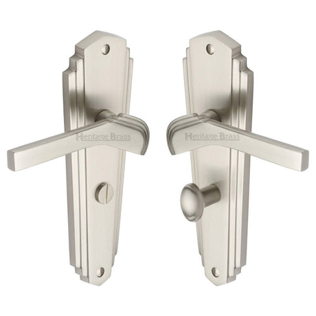 This is an image of a Heritage Brass - Door Handle for Bathroom Waldorf Design Satin Nickel Finish, wal6530-sn that is available to order from Trade Door Handles in Kendal.