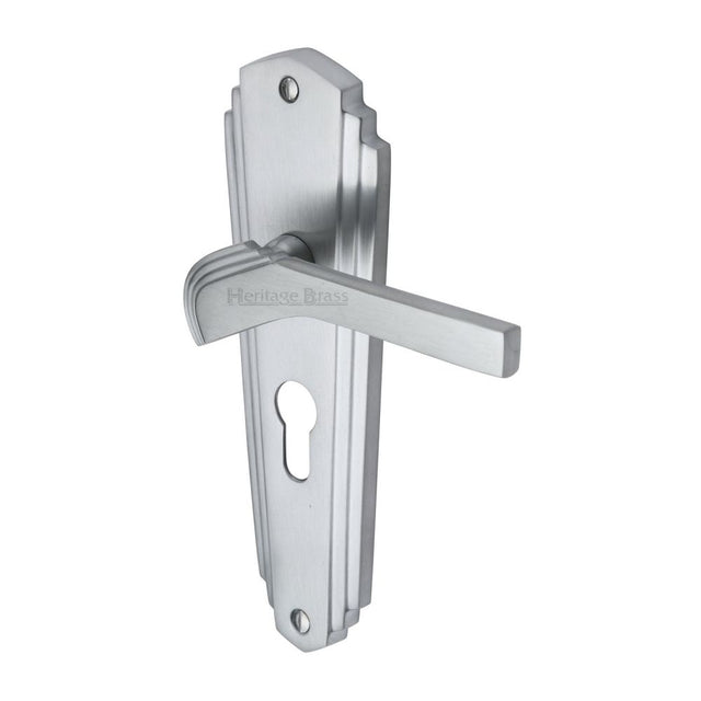 This is an image of a Heritage Brass - Door Handle for Euro Profile Plate Waldorf Design Satin Chrome F, wal6548-sc that is available to order from Trade Door Handles in Kendal.