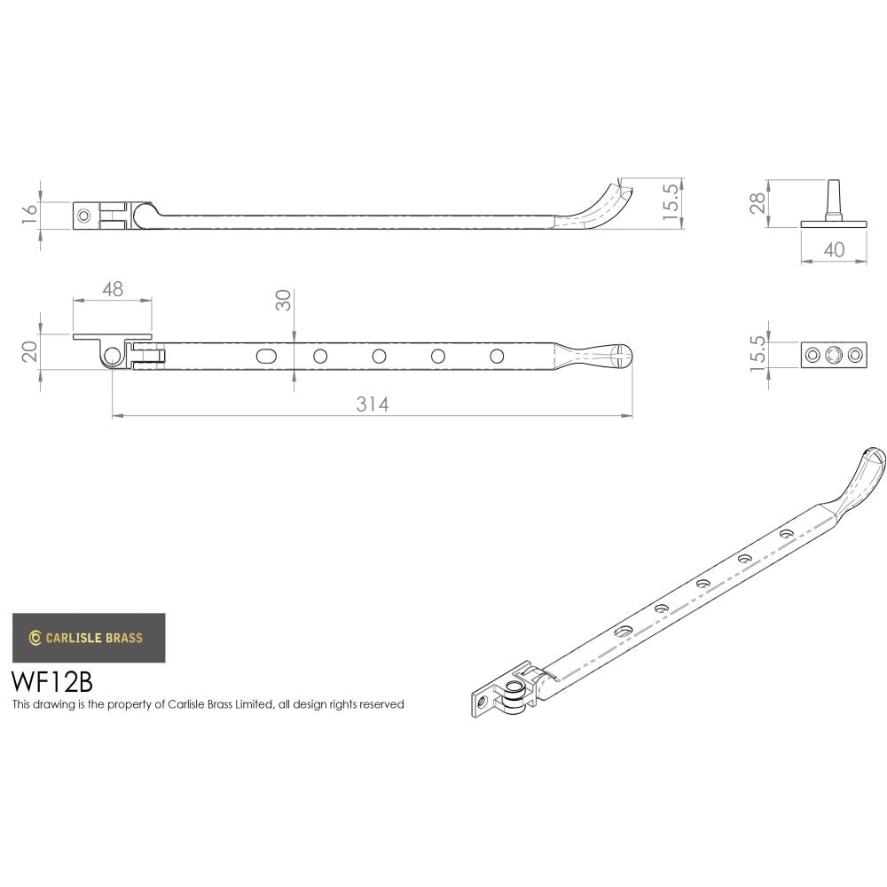 This image is a line drwaing of a Carlisle Brass - Bulb End Casement Stay 305mm - Polished Brass available to order from Trade Door Handles in Kendal