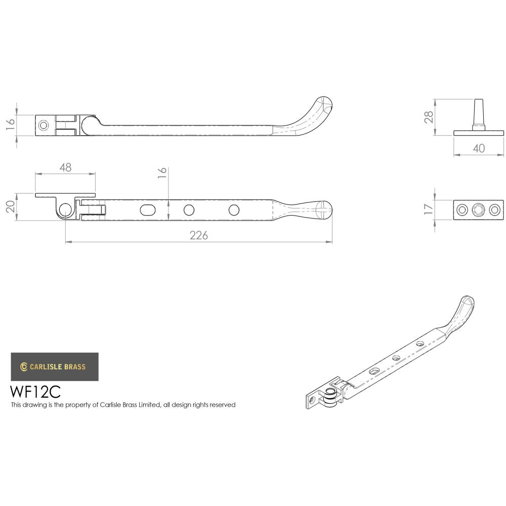 This image is a line drwaing of a Carlisle Brass - Bulb End Casement Stay 203mm - Satin Chrome available to order from Trade Door Handles in Kendal