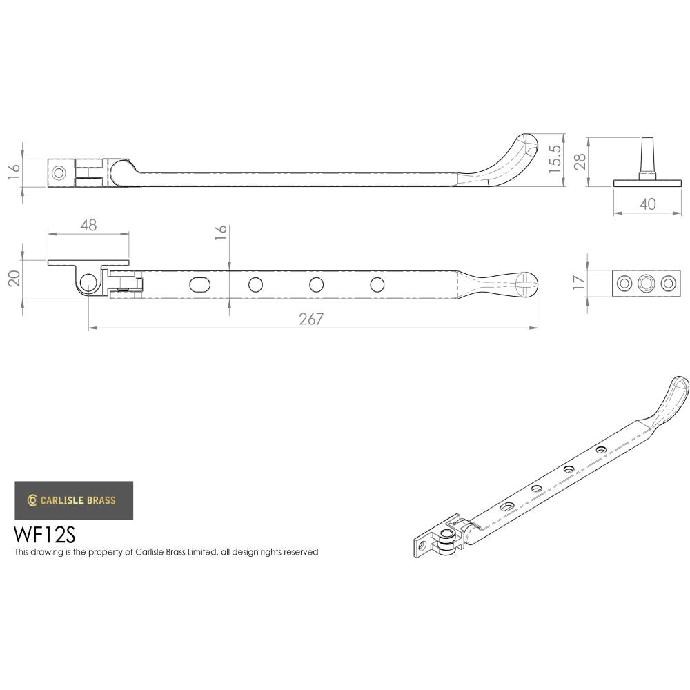 This image is a line drwaing of a Carlisle Brass - Bulb End Casement Stay 253mm - Polished Brass available to order from Trade Door Handles in Kendal