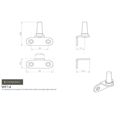 This image is a line drwaing of a Carlisle Brass - Flush Fitting Casement Pin - Polished Brass available to order from Trade Door Handles in Kendal