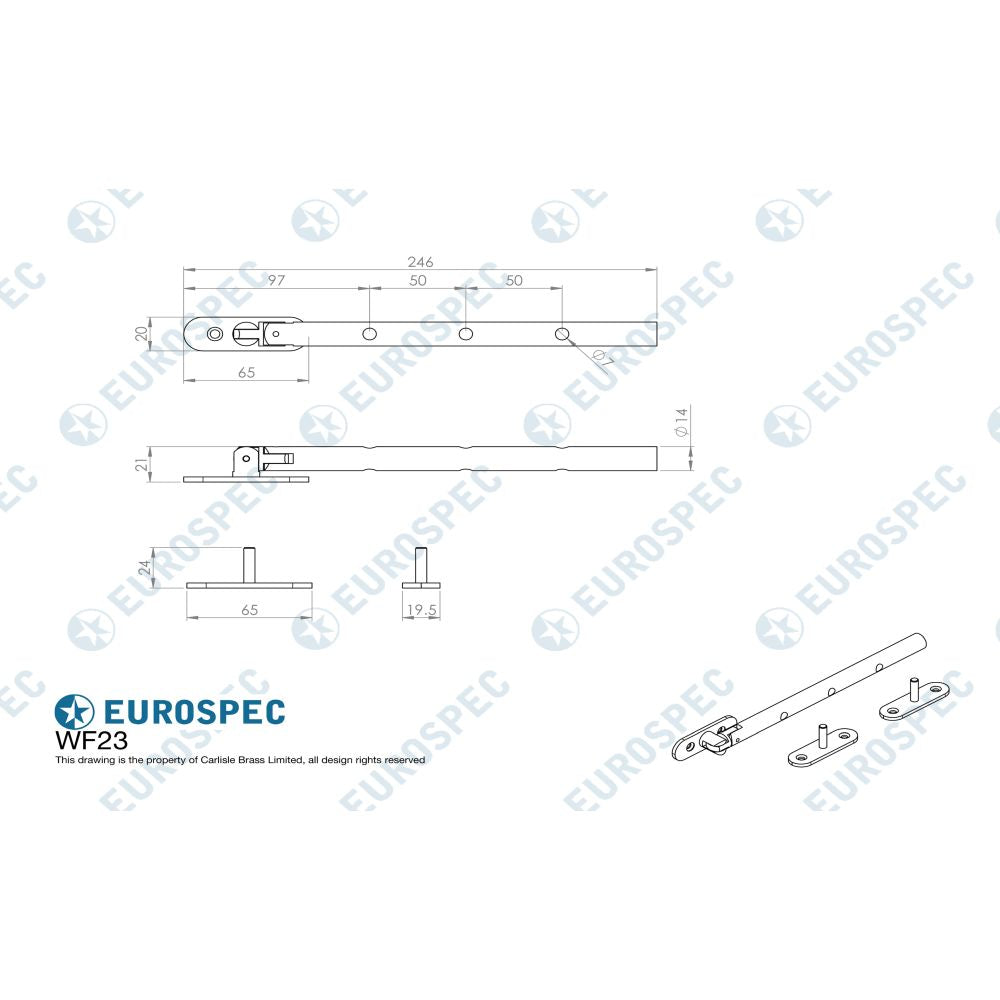 This image is a line drwaing of a Carlisle Brass - Round Casement Stay 246mm Length Grade 316 - Stainless Steel available to order from Trade Door Handles in Kendal