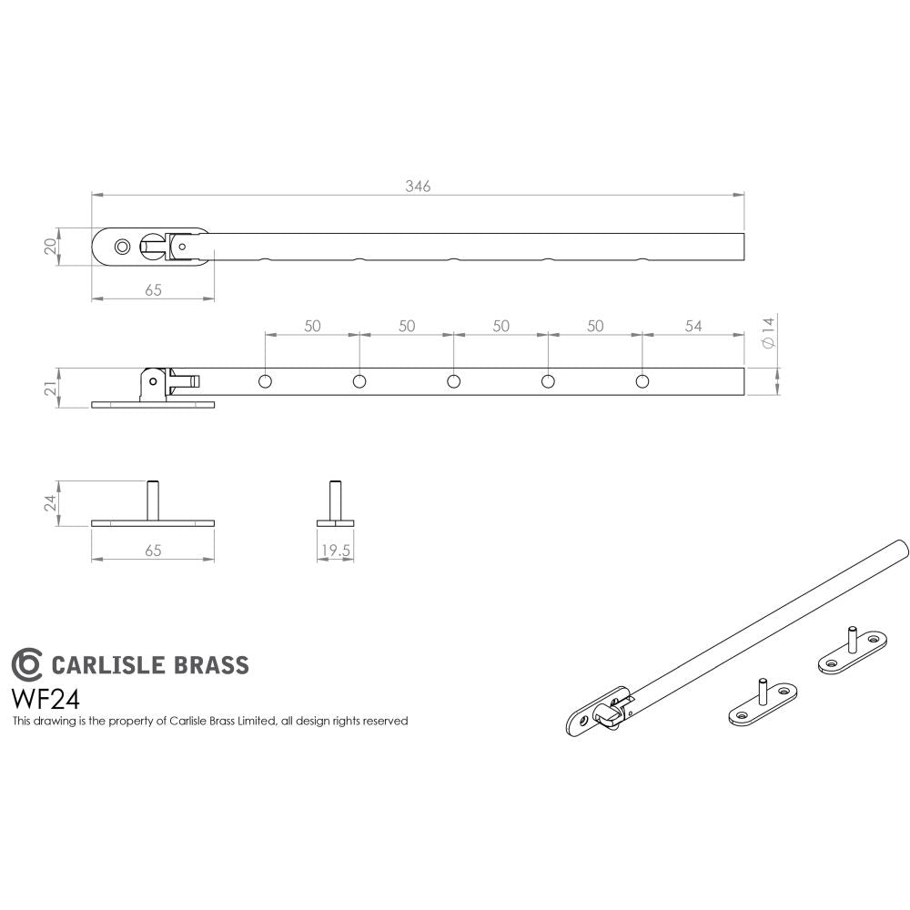 This image is a line drwaing of a Carlisle Brass - Round Casement Stay 346mm Length Grade 316 - Stainless Steel available to order from Trade Door Handles in Kendal