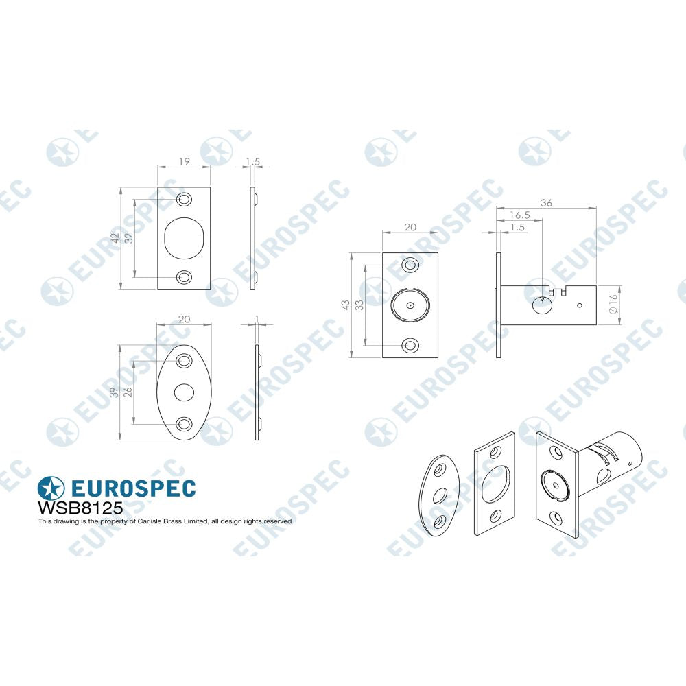 This image is a line drwaing of a Eurospec - Window Security Bolt - Electro Brassed available to order from Trade Door Handles in Kendal