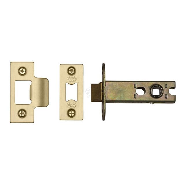 This is an image of a York - Architectural Tubular Latch 3" Satin Brass Finish, ykal3-sb that is available to order from Trade Door Handles in Kendal.