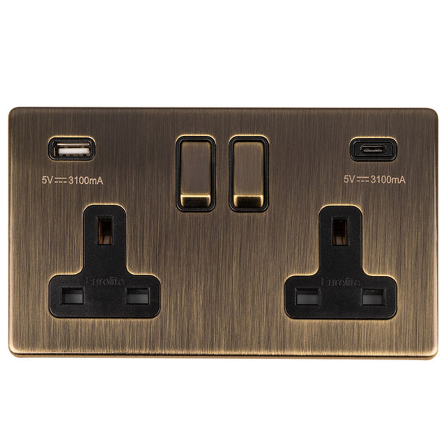 This is an image showing Eurolite Concealed 3mm 2 Gang 13Amp Switched Socket With Usb C Ant Brass - Antique Brass (With Black Trim) ab2usbcb available to order from trade door handles, quick delivery and discounted prices.