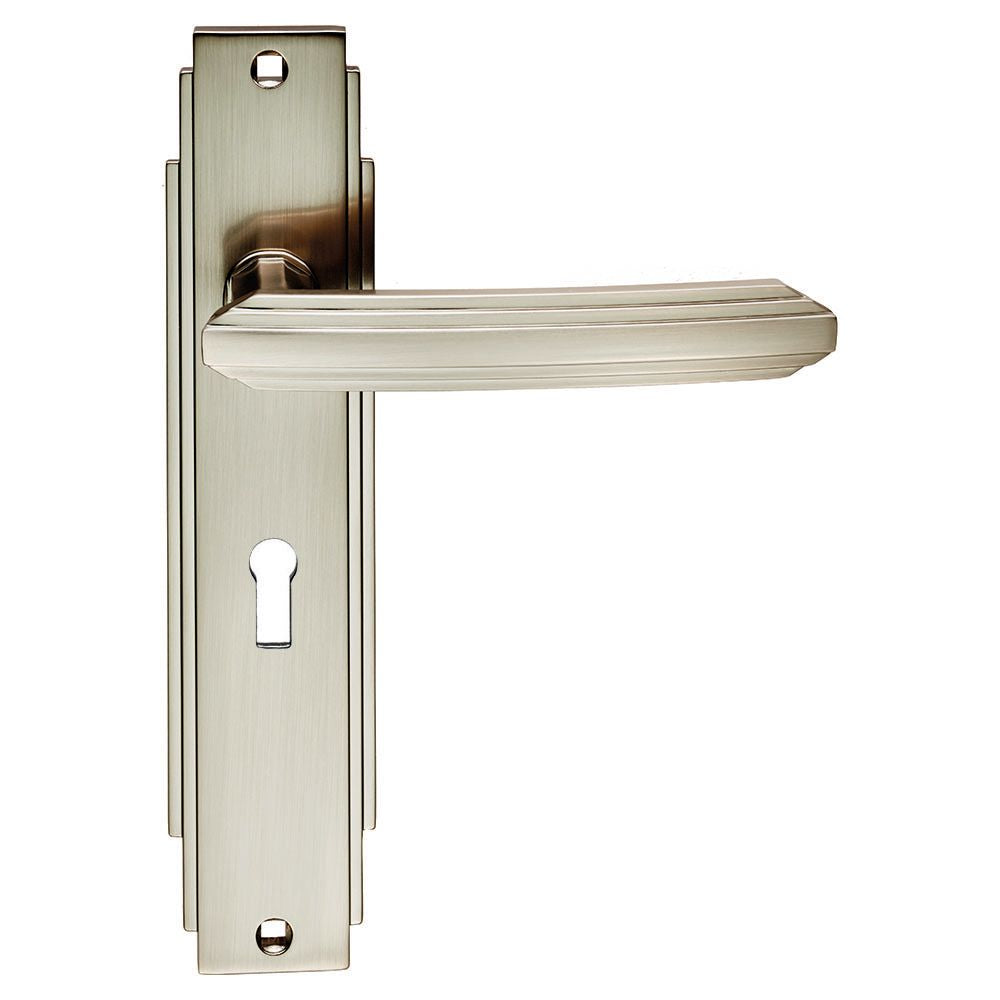 This is an image of a Carlisle Brass - Art Deco Lever on Lock Backplate - Satin Nickel that is availble to order from Trade Door Handles in Kendal.