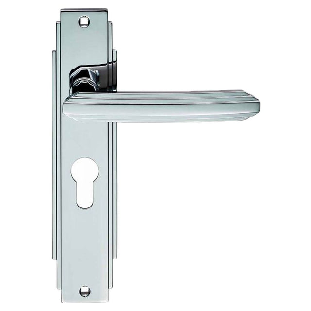 This is an image of a Carlisle Brass - Art Deco Lever on Euro Lock Backplate - Polished Chrome that is availble to order from Trade Door Handles in Kendal.