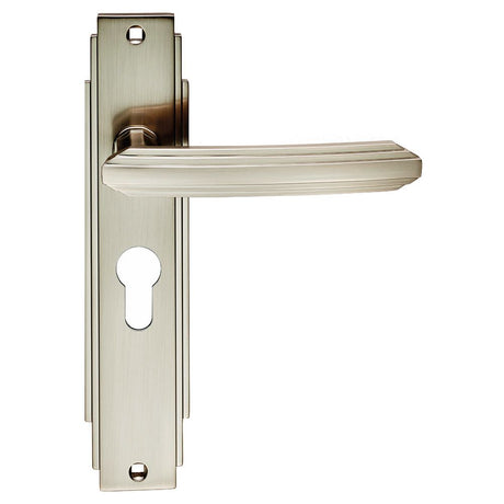 This is an image of a Carlisle Brass - Art Deco Lever on Euro Lock Backplate - Satin Nickel that is availble to order from Trade Door Handles in Kendal.