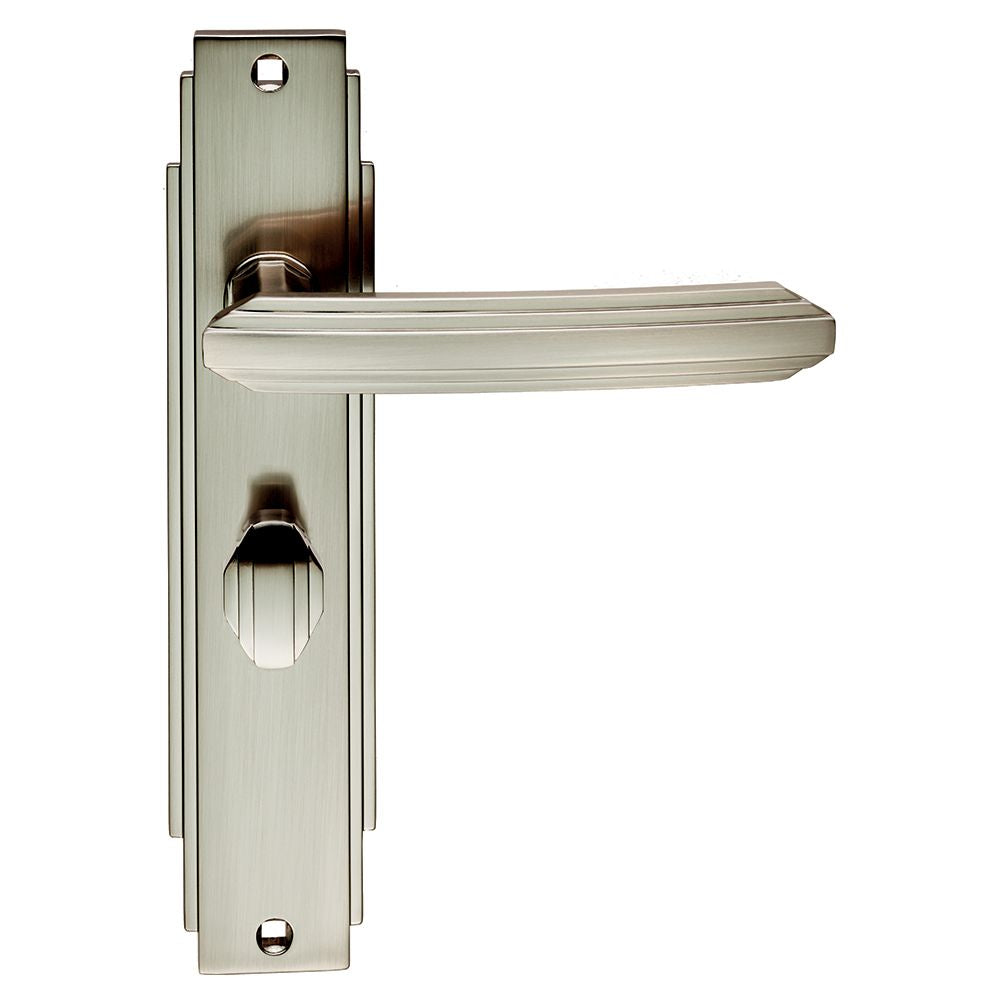 This is an image of a Carlisle Brass - Art Deco Lever on WC Backplate - Satin Nickel that is availble to order from Trade Door Handles in Kendal.