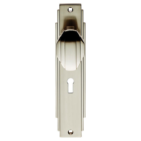 This is an image of a Carlisle Brass - Art Deco Knob on Lock Backplate - Satin Nickel that is availble to order from Trade Door Handles in Kendal.