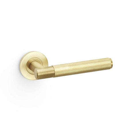Alexander & Wilks Door Furniture Satin Brass PVD / Round Rose Alexander & Wilks Spitfire Knurled Lever on Round Rose - Satin Brass PVD