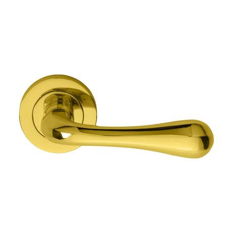 This is an image of a Manital - Astro Lever on Round Rose - Polished Brass that is availble to order from Trade Door Handles in Kendal.