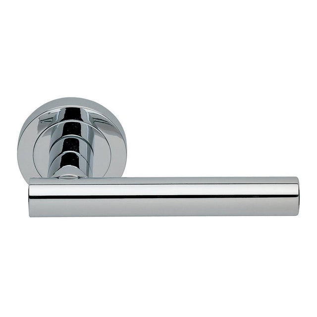 This is an image of a Manital - Calla Lever on Round Rose - Polished Chrome that is availble to order from Trade Door Handles in Kendal.