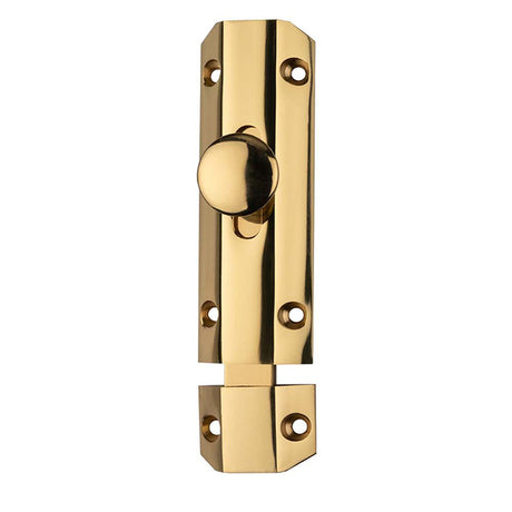 This is an image of a Carlisle Brass - Surface Bolt 102mm - Polished Brass that is availble to order from Trade Door Handles in Kendal.