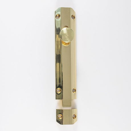 This is an image of a Carlisle Brass - Surface Bolt 152mm - Polished Brass that is availble to order from Trade Door Handles in Kendal.