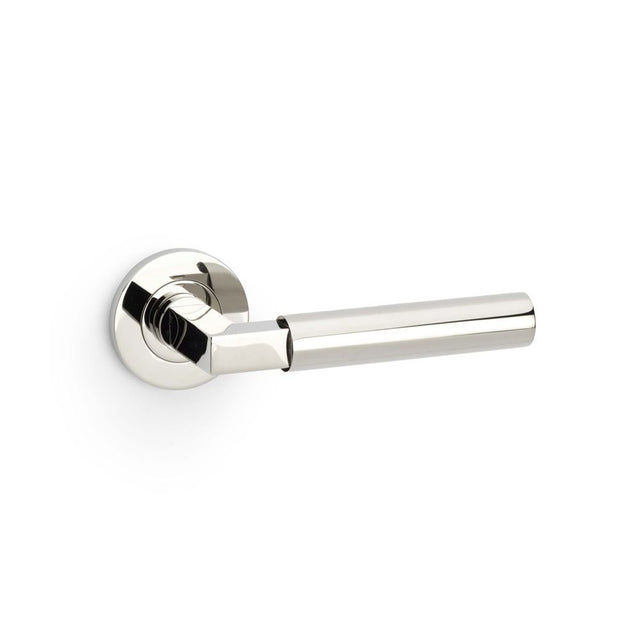 This is an image showing Alexander & Wilks Hurricane Plain Lever on Round Rose - Polished Nickel PVD aw201pnpvd available to order from Trade Door Handles in Kendal, quick delivery and discounted prices.