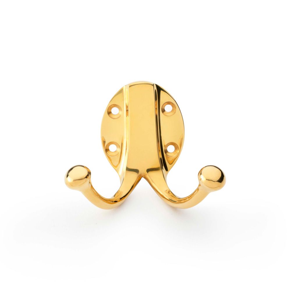 This is an image showing Alexander & Wilks Traditional Double Robe Hook - Unlacquered Brass aw771ub available to order from Trade Door Handles in Kendal, quick delivery and discounted prices.