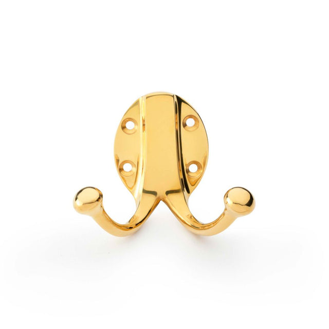 This is an image showing Alexander & Wilks Traditional Double Robe Hook - Unlacquered Brass aw771ub available to order from Trade Door Handles in Kendal, quick delivery and discounted prices.