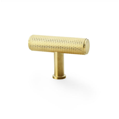 This is an image showing Alexander & Wilks Crispin Knurled T-bar Cupboard Knob - Satin Brass PVD aw801-55-sbpvd available to order from Trade Door Handles in Kendal, quick delivery and discounted prices.